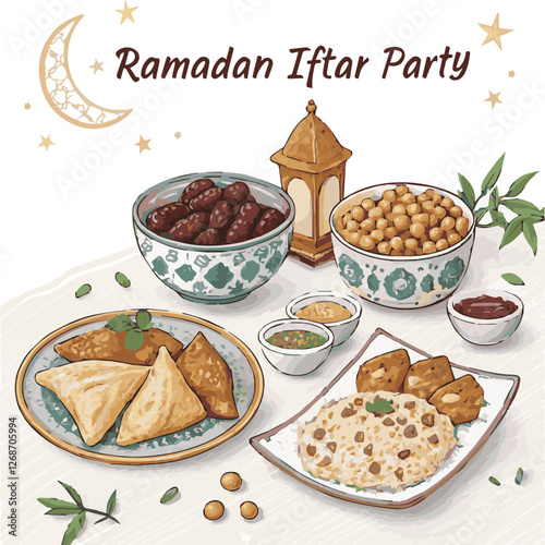  Ramadan Iftar Food Illustration. Festive Iftar Meal with Traditional Delicacies – Vector Illustration