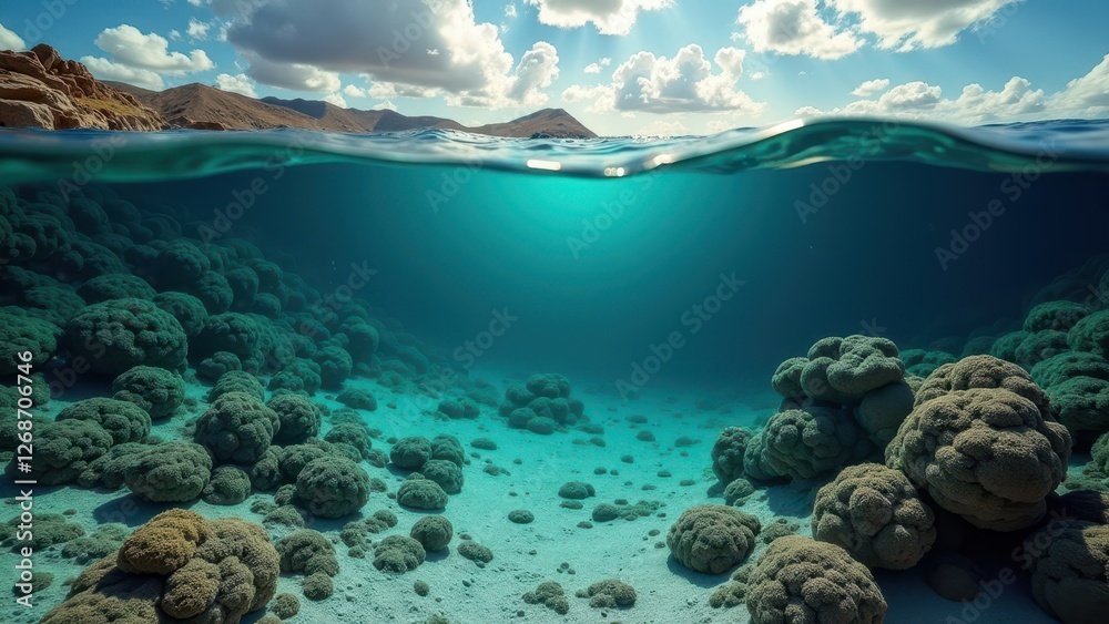 Obraz premium Split view of a coral reef underwater and a dramatic sky with sun above ocean 