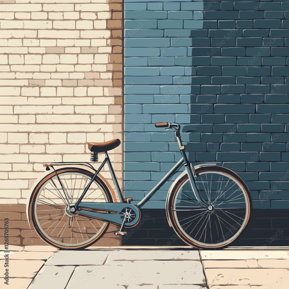 A simple bicycle resting against a textured brick wall, urban scene. A simple bicycle resting against a textured brick wall, urban scene.