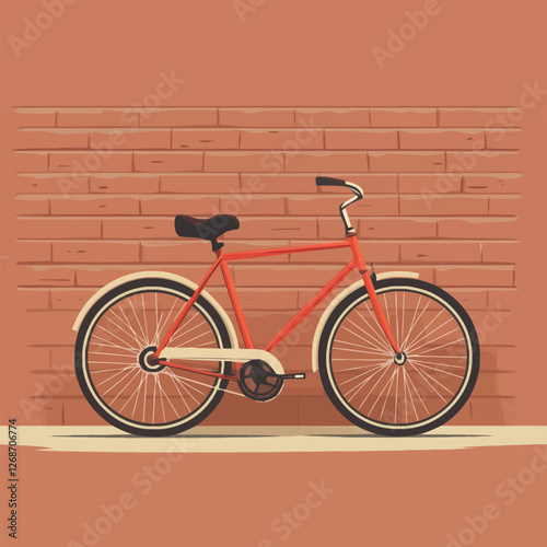 A simple bicycle resting against a textured brick wall, urban scene.