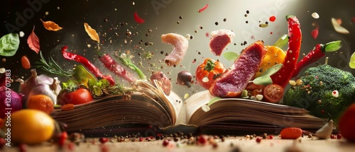 Fototapeta Naklejka Na Ścianę i Meble -  Artistic depiction of a recipe book, featuring vibrant illustrations, detailed layout, culinary themes, inviting design elements.