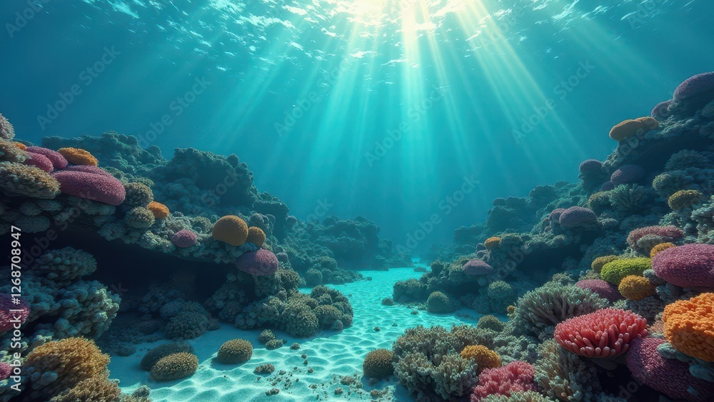 Naklejka premium Underwater view of a vibrant coral reef with sunlight rays filtering through ocean 