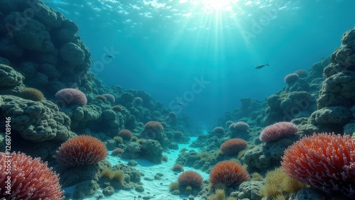 Wallpaper Mural Underwater view of a vibrant coral reef with sunlight rays filtering through ocean	 Torontodigital.ca