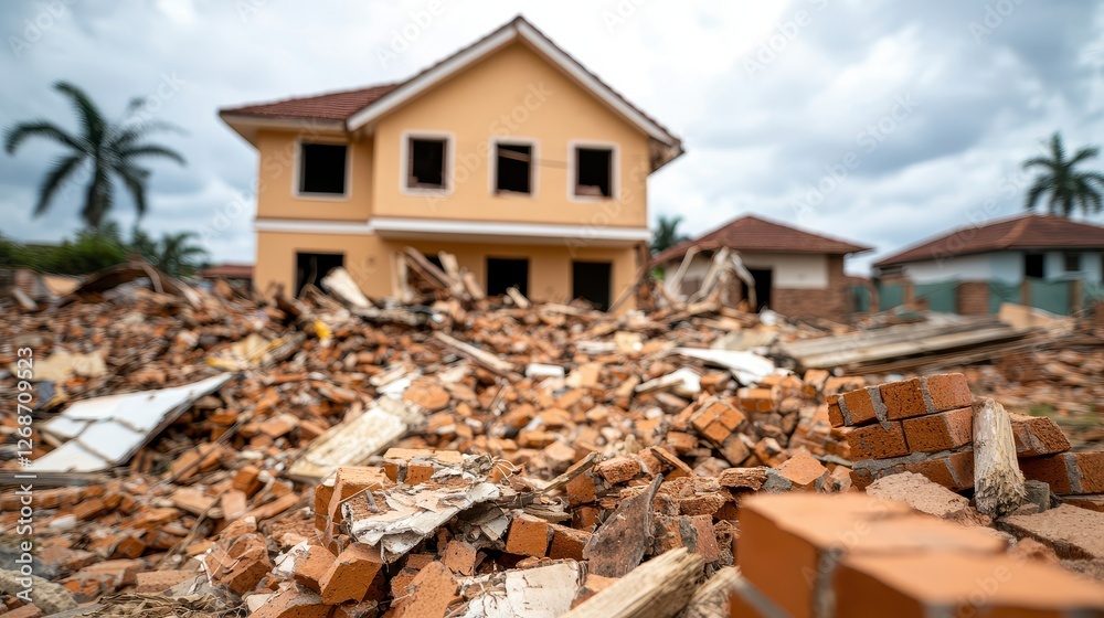 Ruined Abandoned House Concept, Desolate House Reduced to Rubble with Fragments Scattered in a Devastated Environment Ruined Abandoned House Concept, Desolate House Reduced to Rubble with Fragments Scattered in a Devastated Environment