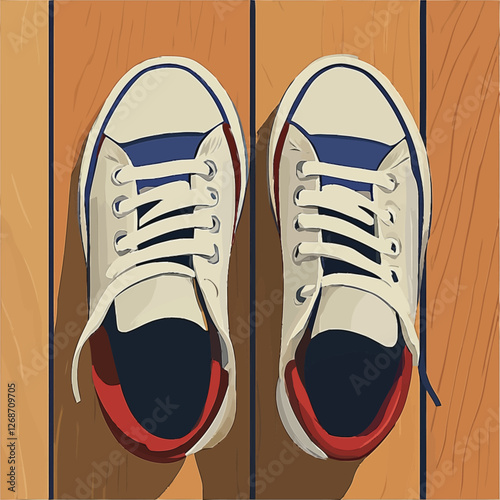 A pair of casual sneakers neatly placed on a wooden floor.