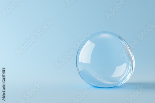A clear water droplet rests gently on a light blue surface