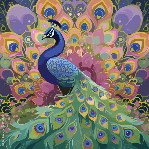 Peafowl (Peacock) of the Wild in a Breathtaking Scenery, vector illustration