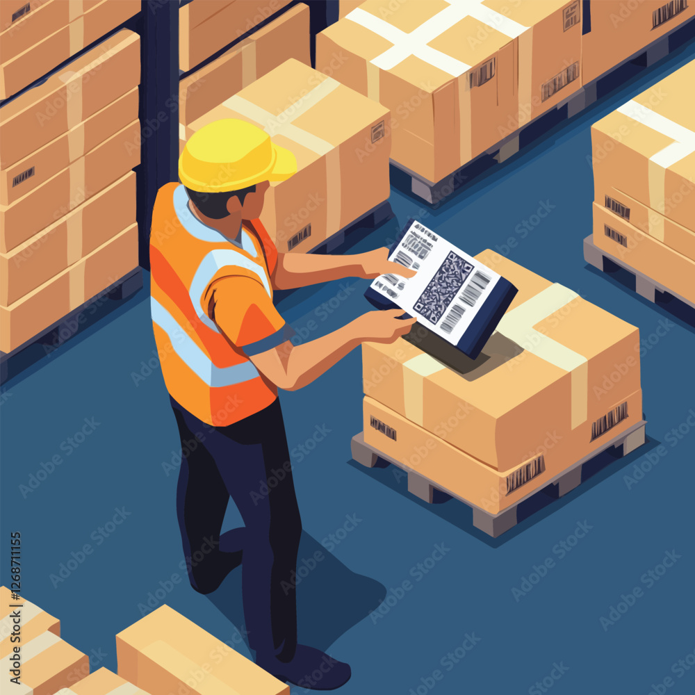 A vector of a warehouse worker scanning barcodes on boxes A vector of a warehouse worker scanning barcodes on boxes