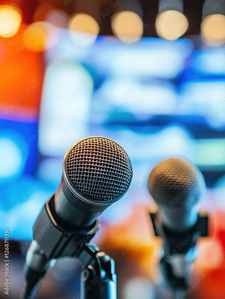 Two microphones on stands in a colorful studio setting with soft bokeh lights and a blurred background. Generative AI Two microphones on stands in a colorful studio setting with soft bokeh lights and a blurred background. Generative AI
