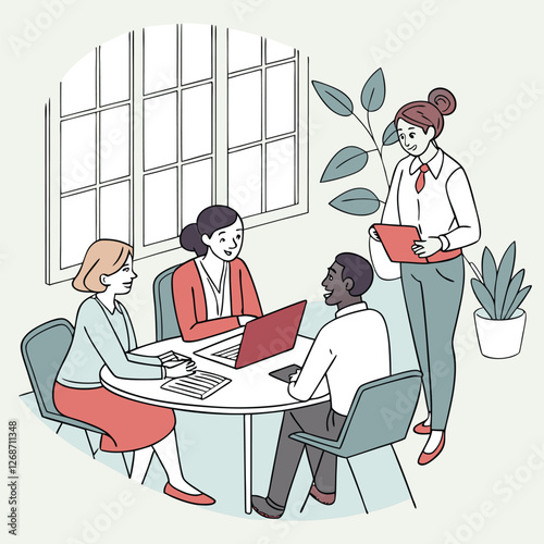 Business meeting scene with diverse professionals in discussion