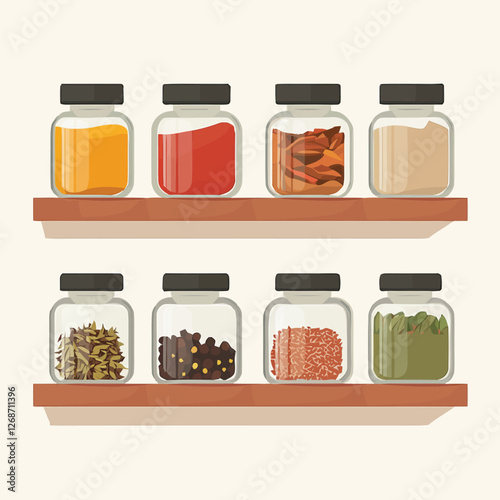 Assorted spices neatly arranged in small glass jars on a kitchen shelf.