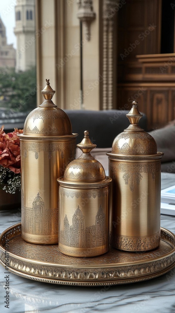 Three Intricately Designed Gold Jars on Decorative Tray Indoors with Cityscape Background Three Intricately Designed Gold Jars on Decorative Tray Indoors with Cityscape Background