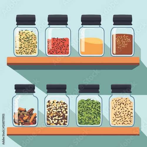 Assorted spices neatly arranged in small glass jars on a kitchen shelf.