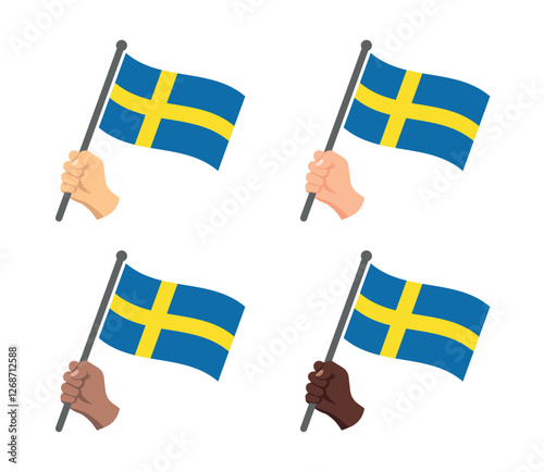 Sweden flag in hand icons set, national flag of Kingdom of Sweden