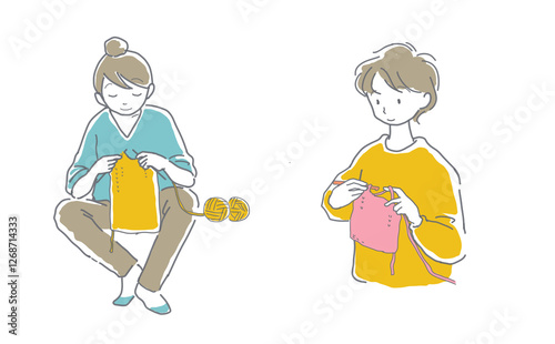 編み物をする人のイラストセット