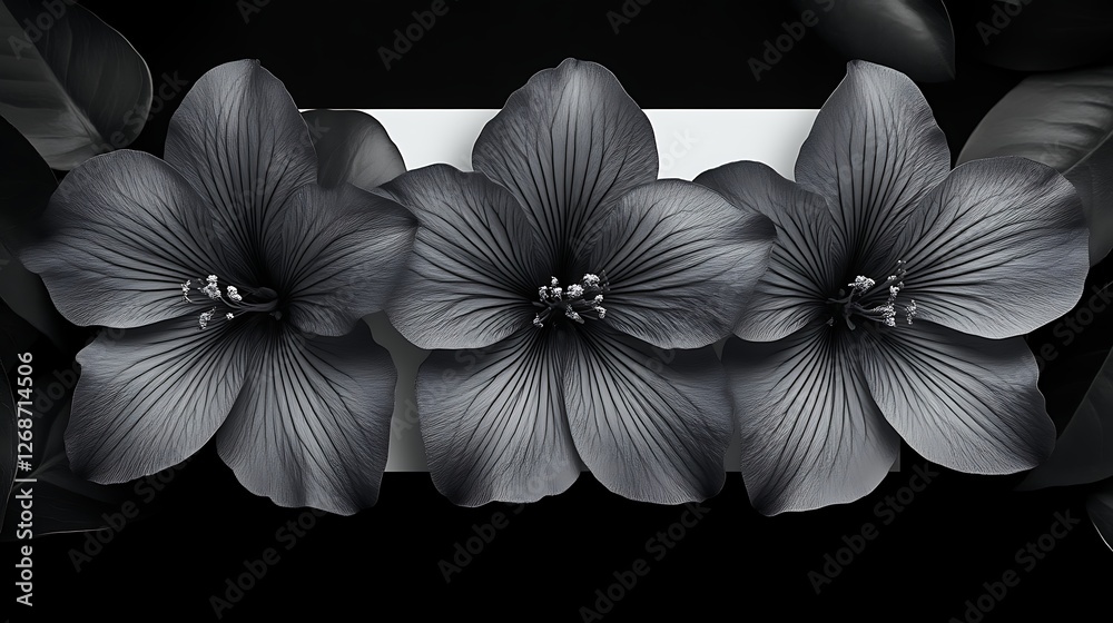 Obraz premium Three Dark Monochrome Flowers With Leaves Background