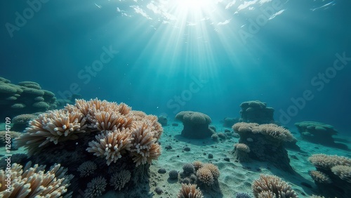 Wallpaper Mural Underwater view of a coral reef with sunlight rays filtering through clear ocean	 Torontodigital.ca