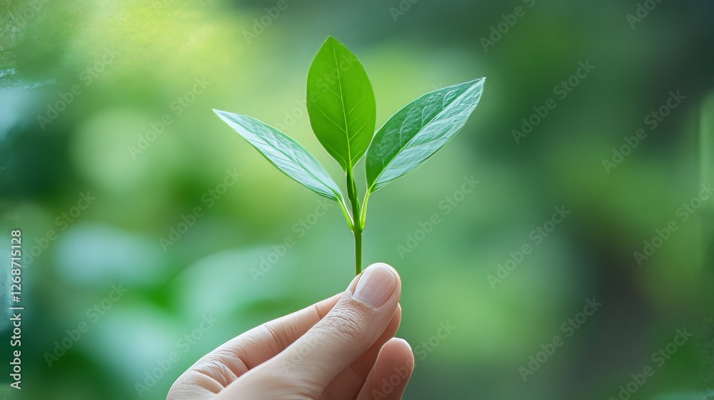 Hand Gently Holding A Green Seedling, Symbolizing New Life, Growth, And Environmental Awareness. Nature Caring Concept. Hand Gently Holding A Green Seedling, Symbolizing New Life, Growth, And Environmental Awareness. Nature Caring Concept.