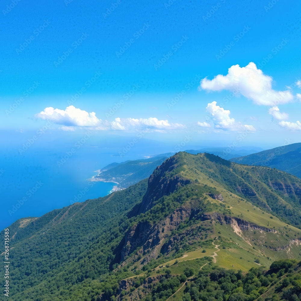 Fototapeta premium Green mountain range under blue sky and white cloud with ocean view and feel fresh air and peaceful in beautiful day and impressive sunlight on top