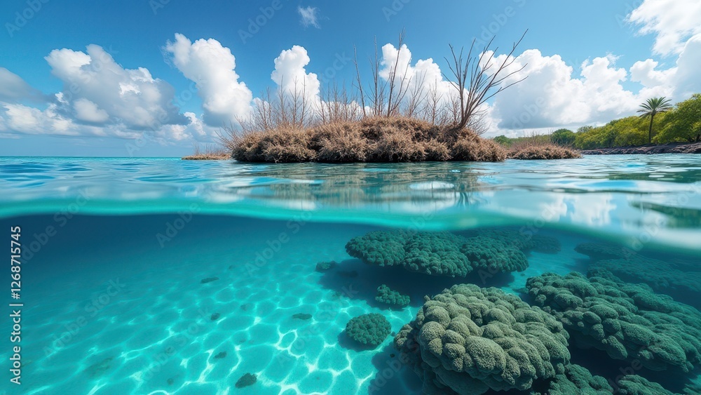 Fototapeta premium Crystal clear tropical lagoon with coral formations and lush green coastline 