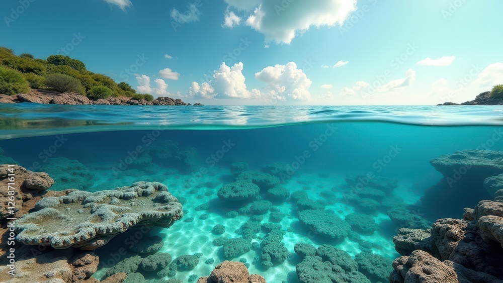 Crystal clear tropical lagoon with coral formations and lush green coastline Crystal clear tropical lagoon with coral formations and lush green coastline