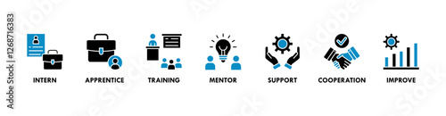 Trainee banner web icon vector illustration concept for internship training and learning program apprenticeship with an icon of intern, apprentice, training, mentor, support, cooperation and improve