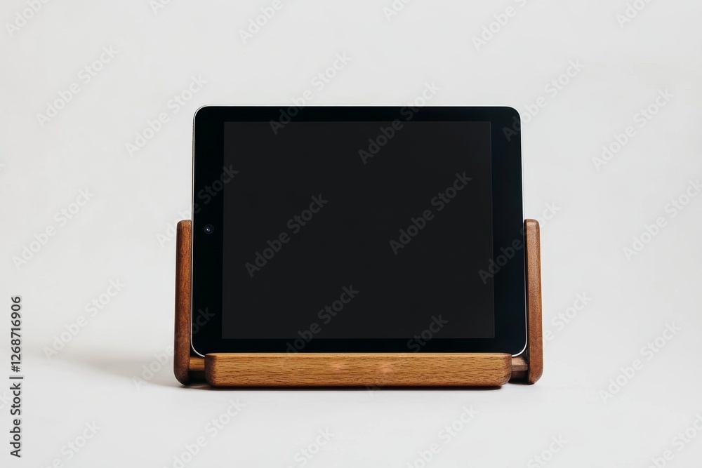 Tablet stand, wood, display, minimalist, background, white, studio, device, presentation Tablet stand, wood, display, minimalist, background, white, studio, device, presentation