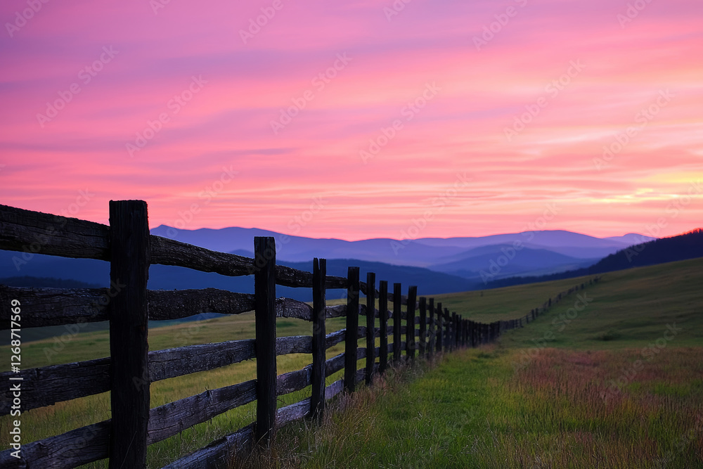 Obraz premium Country Sunset. fence leads your eyes into distance and feel freedom