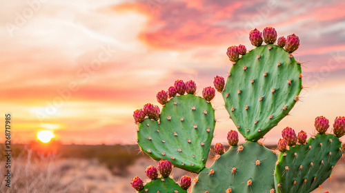 Fototapeta Naklejka Na Ścianę i Meble -  Dramatic sunset with cactus plants over desert looking warm and cozy