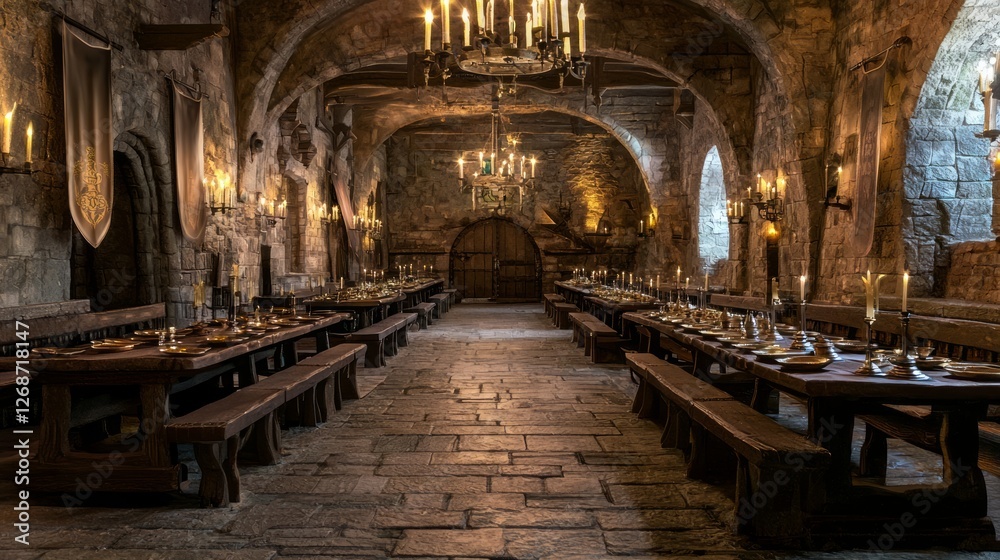 Lavish Medieval Banquet Hall with Stone Walls and Candlelight Lavish Medieval Banquet Hall with Stone Walls and Candlelight