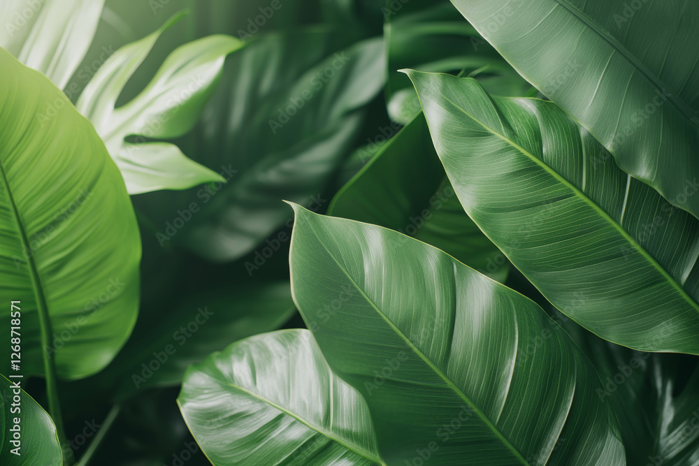 Obraz premium Lush tropical leaves glow, bathed in sunlight, filling nature vibrant scene