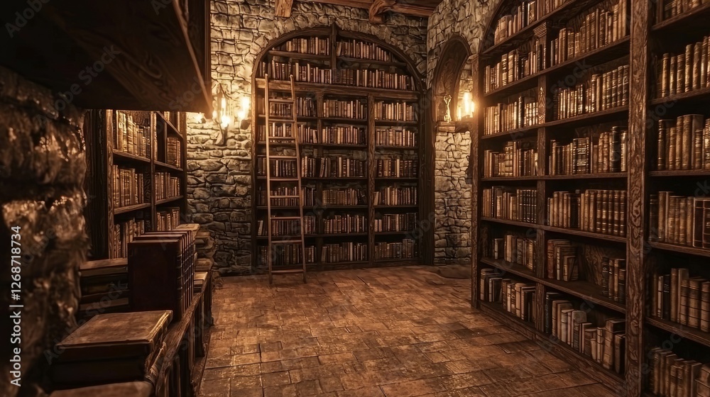 Medieval Library Interior with Towering Shelves and Warm Lighting Medieval Library Interior with Towering Shelves and Warm Lighting