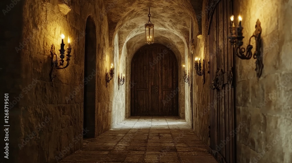Medieval Stone Hallway with Warm Lighting and Rustic Charm Medieval Stone Hallway with Warm Lighting and Rustic Charm