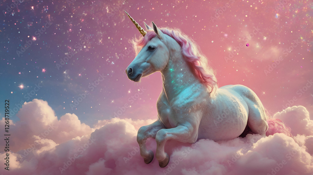 Fototapeta premium Whimsical Pastel Rainbow Unicorn Resting on Cloud with Sparkling Stars