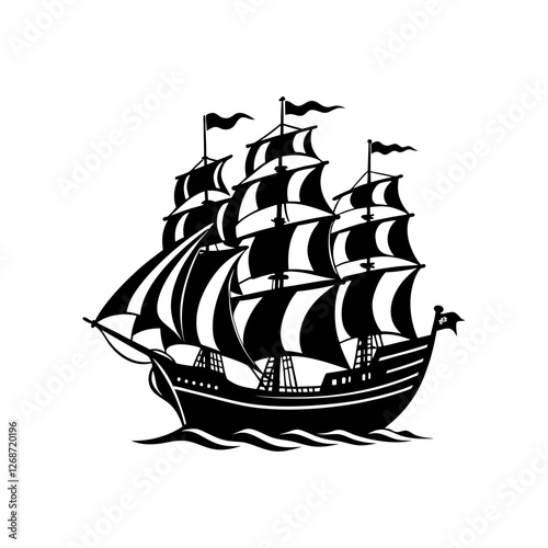 Black and White Vector Silhouette of a Vintage Sailing Ship on Waves