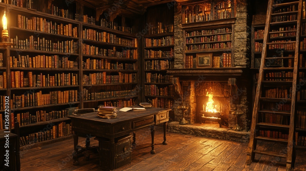 Obraz premium Dark Oak Library with Bookshelves and Cozy Fireplace Interior