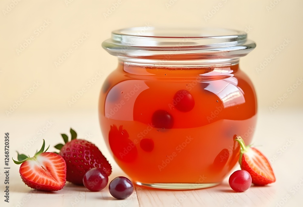 Strawberry jam in a glass jar, gray background.
Strawberry jam in a glass jar, gray background.