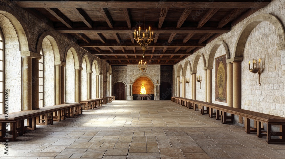 Grand Medieval Hall with Wooden Tables and Stone Walls Grand Medieval Hall with Wooden Tables and Stone Walls