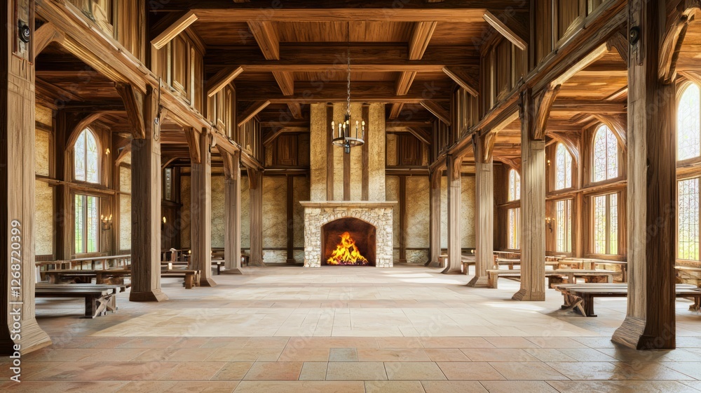 Grand Medieval Hall with Wooden Beams and Cozy Fireplace Interior Grand Medieval Hall with Wooden Beams and Cozy Fireplace Interior