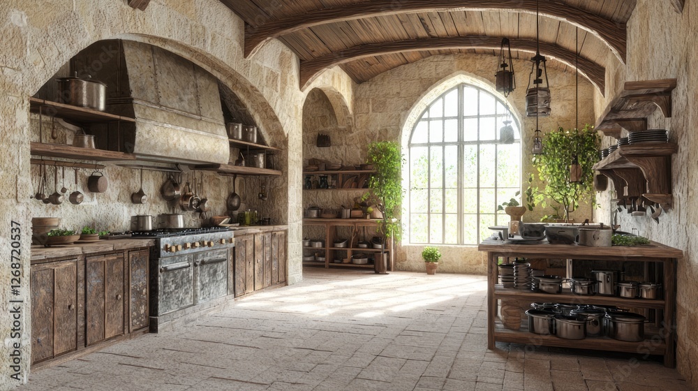 Fototapeta premium Inviting Medieval Kitchen with Rustic Features and Large Window