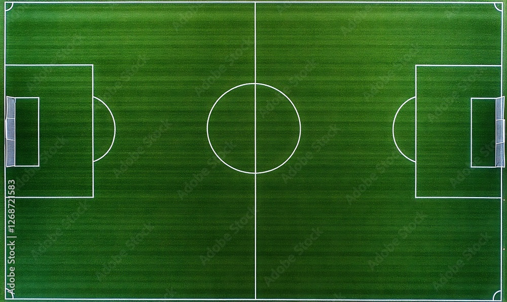 Obraz premium Aerial view of a soccer field with white markings.