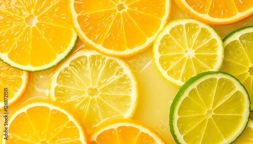 Sliced citrus fruits including oranges lemons and limes displayed closely
