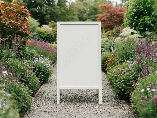 Background texture of a blank white A-frame sign mockup on gravel garden path,surrounded by vibrant blooming perennial flower borders. Inviting walkway for outdoor events,wedding or botanical displays