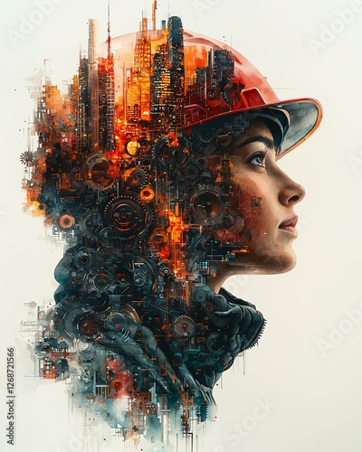 International Workers Day concept, Portrait of a Woman in a Hard Hat Amidst Industrial Imagery