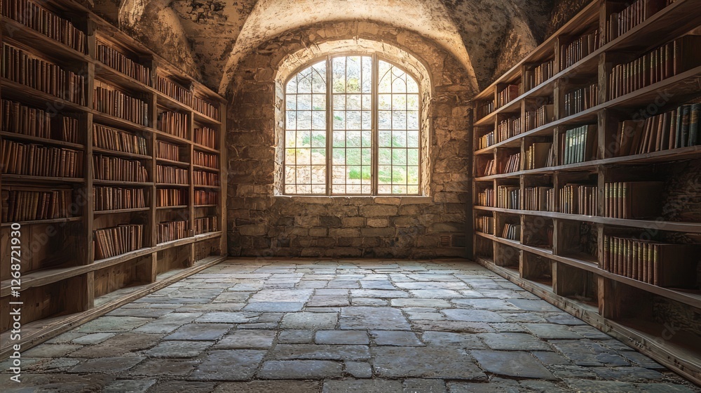 Ancient Medieval Library with Rows of Books and Arched Windows Ancient Medieval Library with Rows of Books and Arched Windows