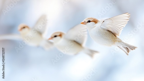 Three sparrows in flight against a snowy backdrop.  Possible use Nature photography
