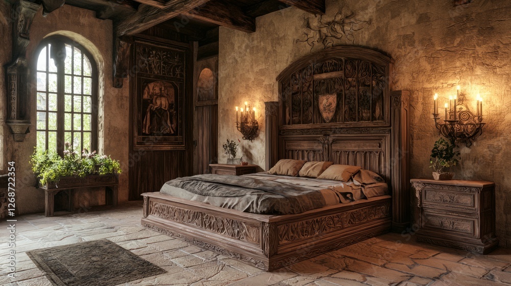 Large Medieval Bedroom with Wooden Furniture and Natural Lighting Large Medieval Bedroom with Wooden Furniture and Natural Lighting