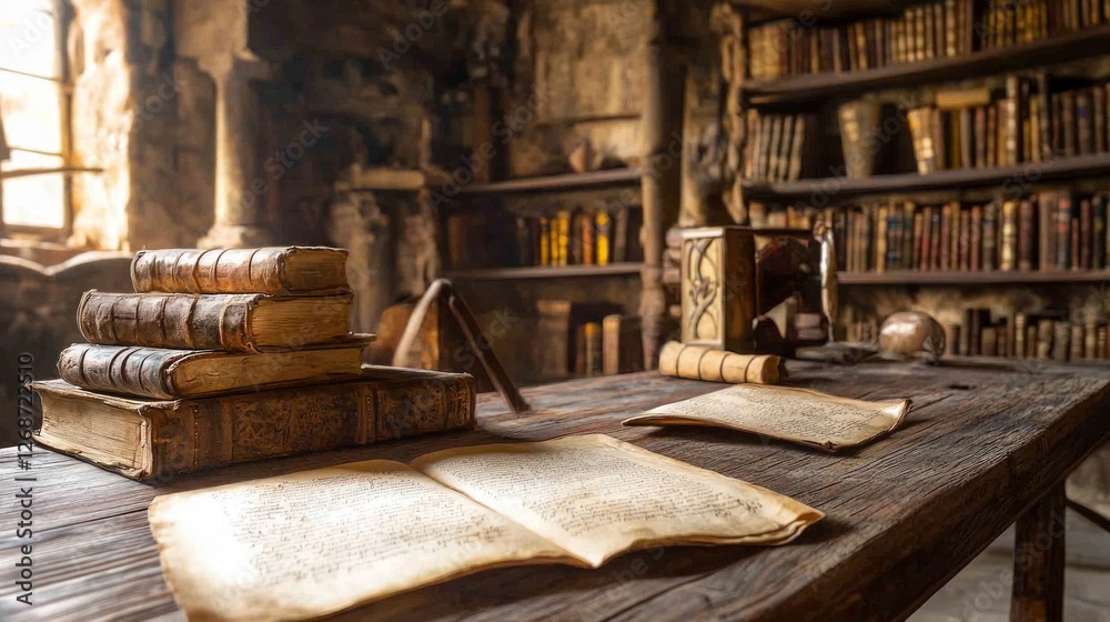 Wooden Desk in a Medieval Study Surrounded by Ancient Books Wooden Desk in a Medieval Study Surrounded by Ancient Books
