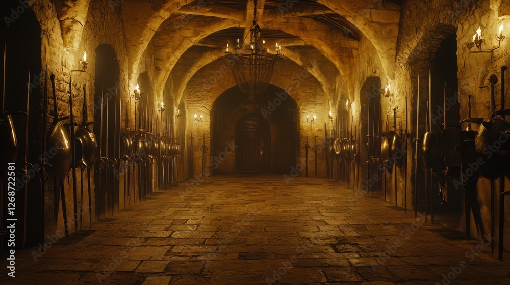Medieval Armory Interior with Rows of Shields and Weapons Medieval Armory Interior with Rows of Shields and Weapons