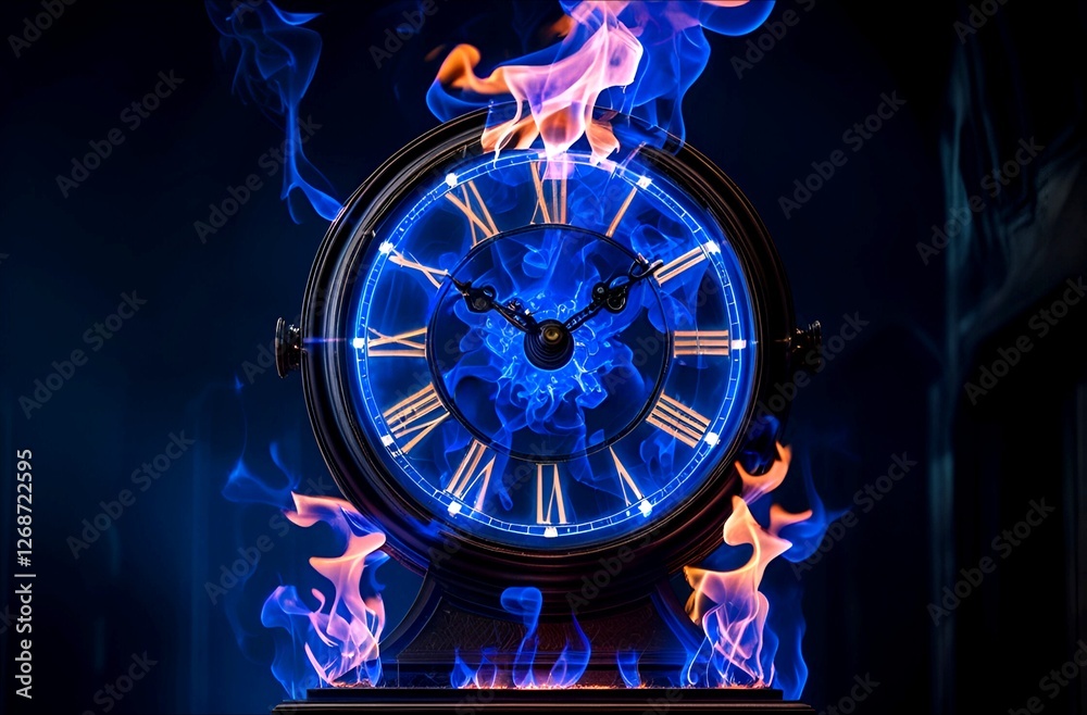Obraz premium Large black clock burning with a blue flame against a stark black background